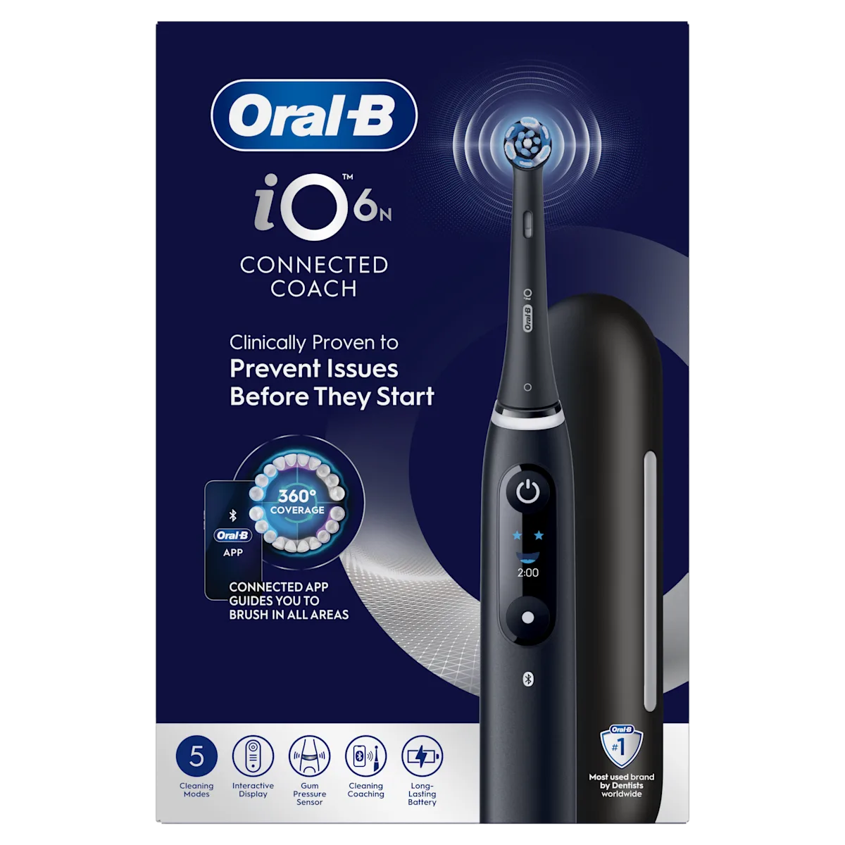 Oral-B iO6N brosse à dents, avec l’emballage soulignant la couverture à 360° et l’application connectée qui vous guide.