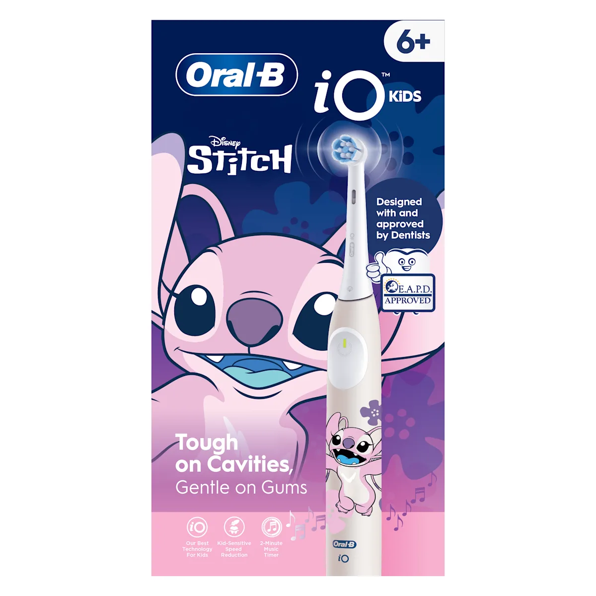 Brosse à dents Oral-B iO Kids Disney Stitch, anti-caries et douce pour les gencives.