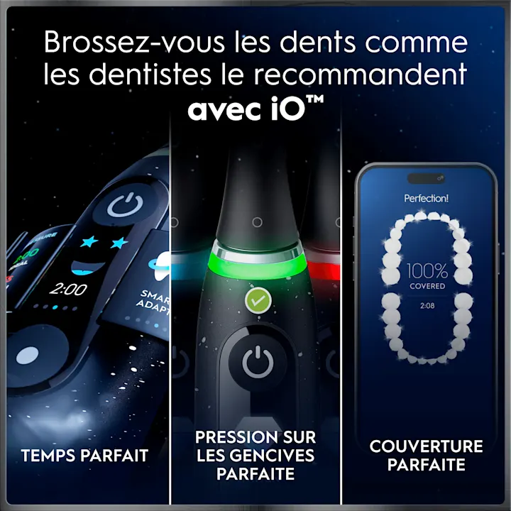 Brosse à dents iO intelligente offrant brossage optimal, pression idéale sur gencives et couverture dentaire complète.