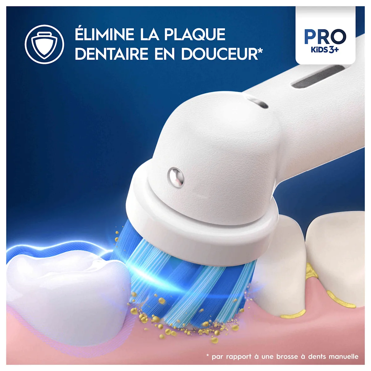 Oral-B Pro Kids 3+ élimine en douceur la plaque dentaire, comme le montre l'illustration du nettoyage des dents.
