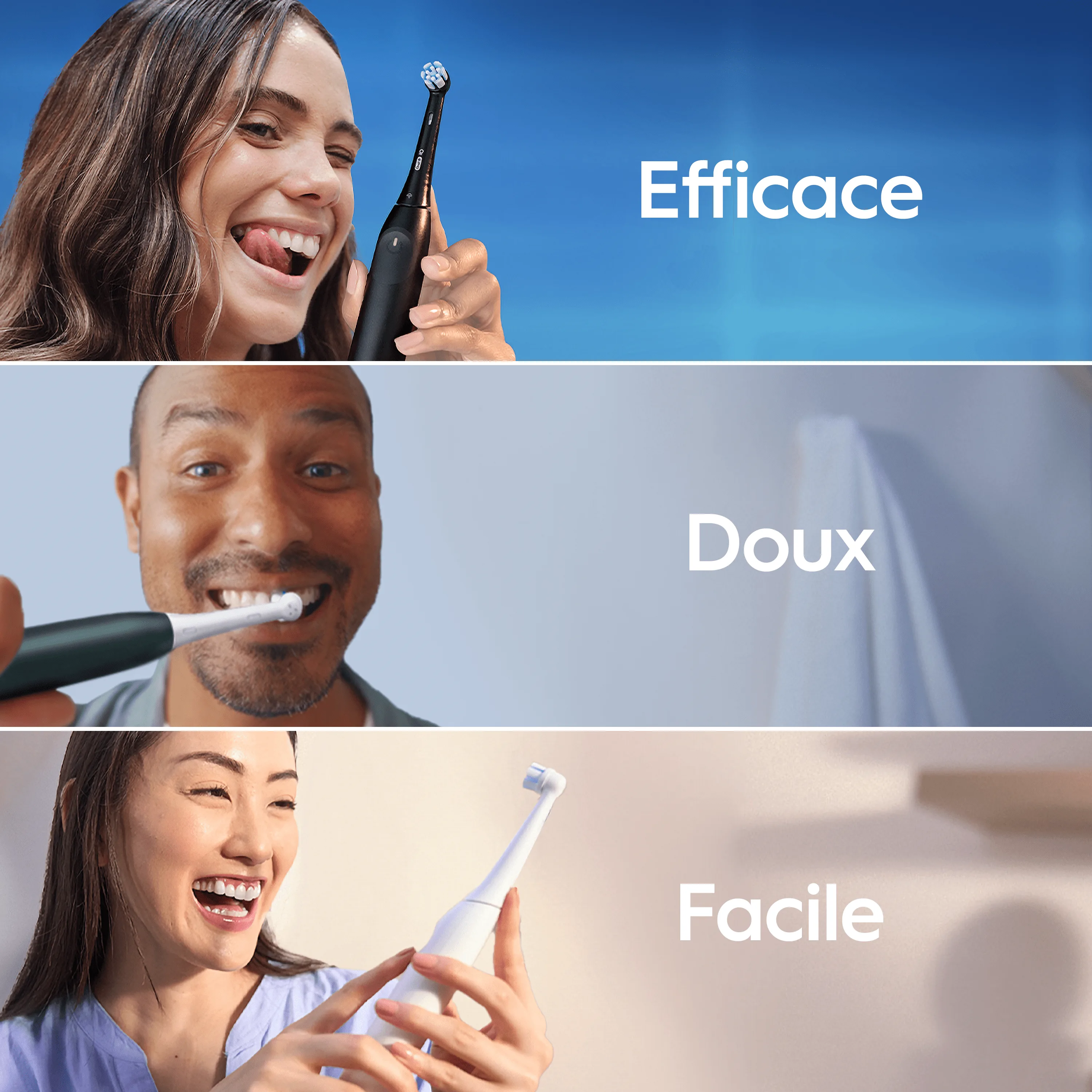 Montage de 3 personnes utilisant des brosses à dents Oral-B iO, avec un texte en surimpression : brossage parfait, douceur,facilité.