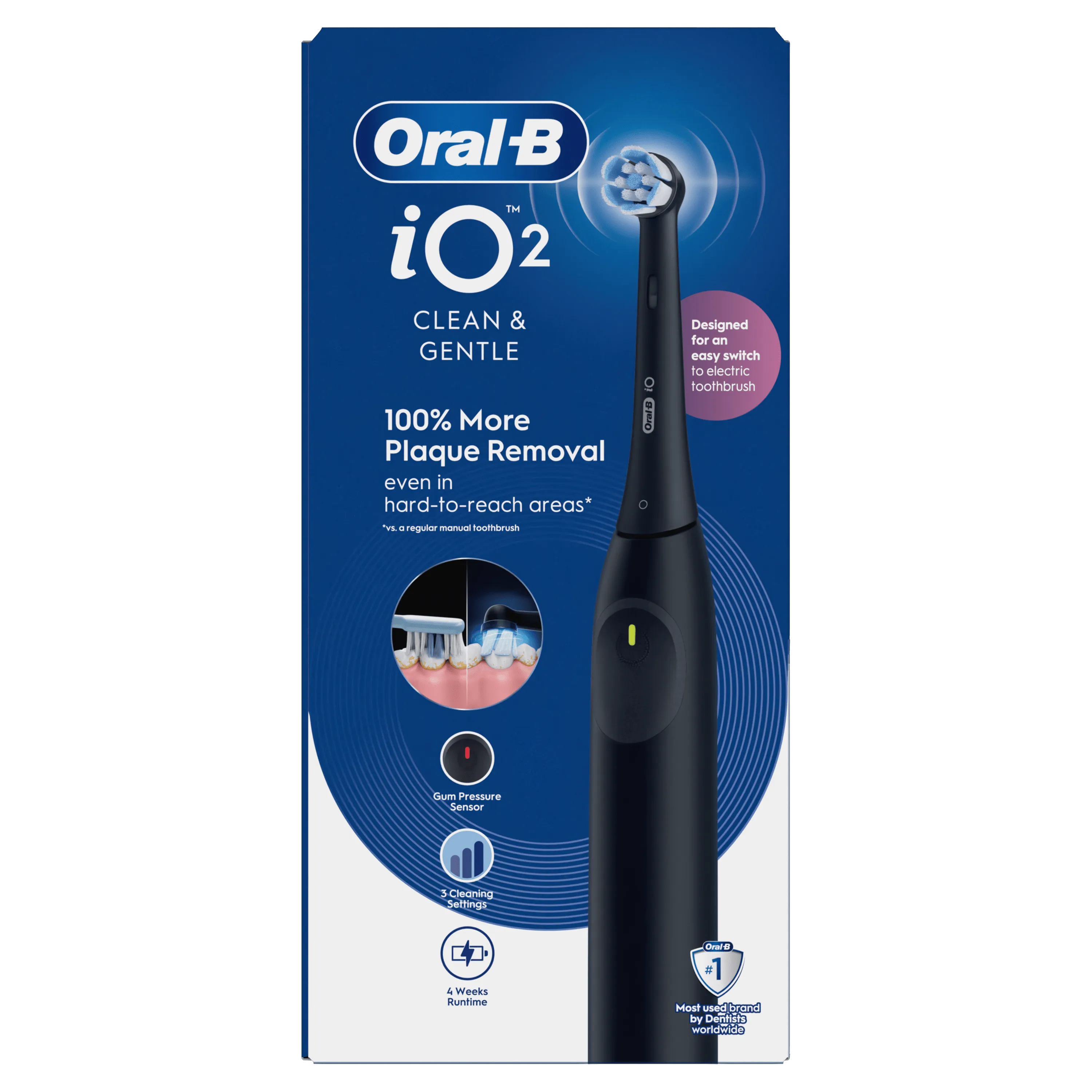 Oral-B iO2, emballage mettant en évidence Jusqu à 100 % de plaque dentaire éliminée en plus par rapport à une brosse à dents manuelle, même dans les zones difficiles d’accès.