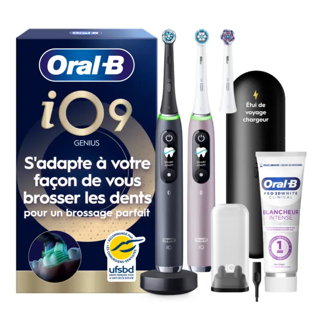 Oral-B iO9 Noire et Rose Brosses à dents électriques + 3 brossettes + Étui de voyage + Oral-B 3D White Dentifrice Professional 75 ml