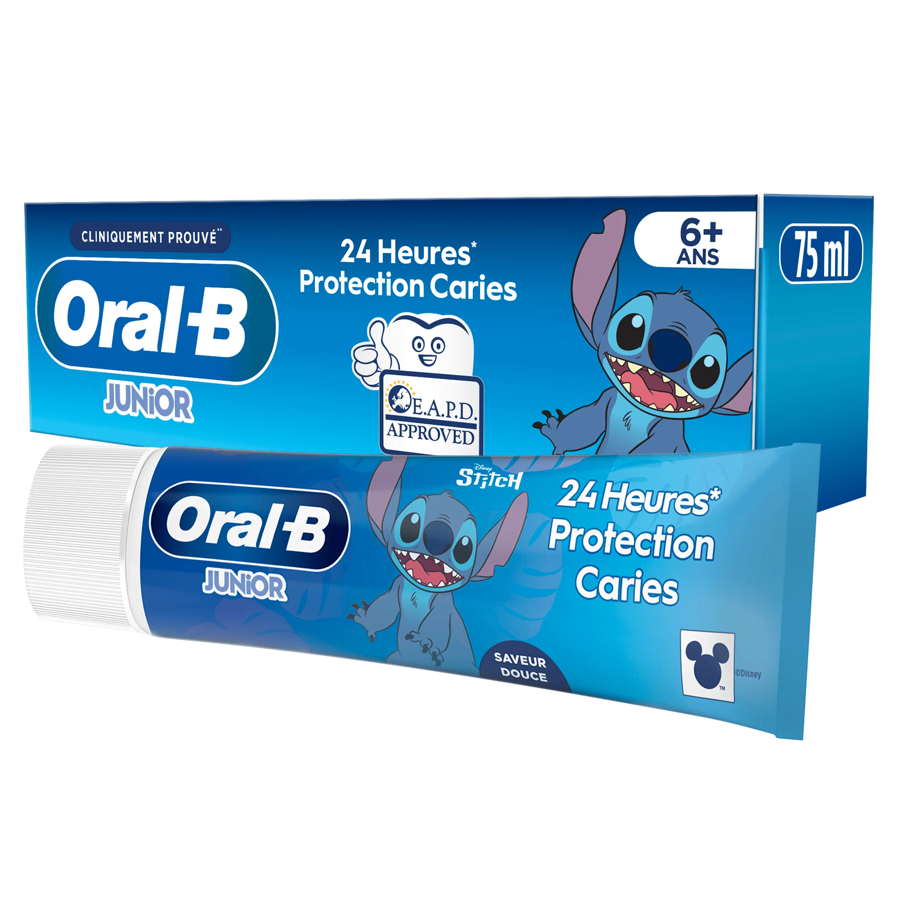 Oral-B Junior, dentifrice pour enfants 6+, avec emballage et tube mettant en avant une protection caries 24 heures et Stitch de Disney.