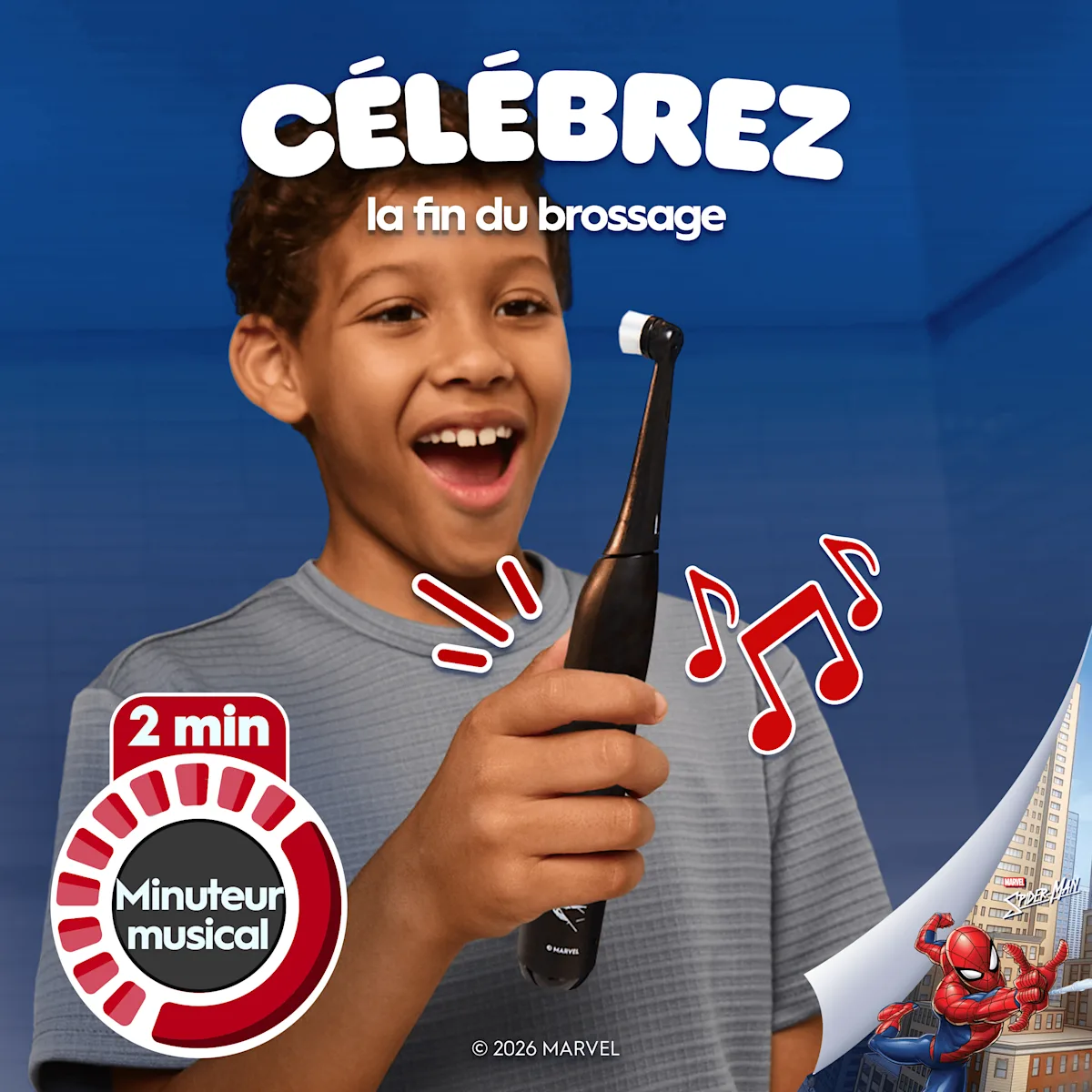 Enfant souriant avec une brosse à dents iO Kids 6+. Notes musicales indiquant le minuteur de 2 min.