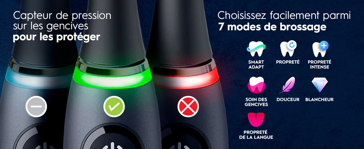 Brosse à dents électrique avec capteur de pression et 7 modes de brossage spécialisés 