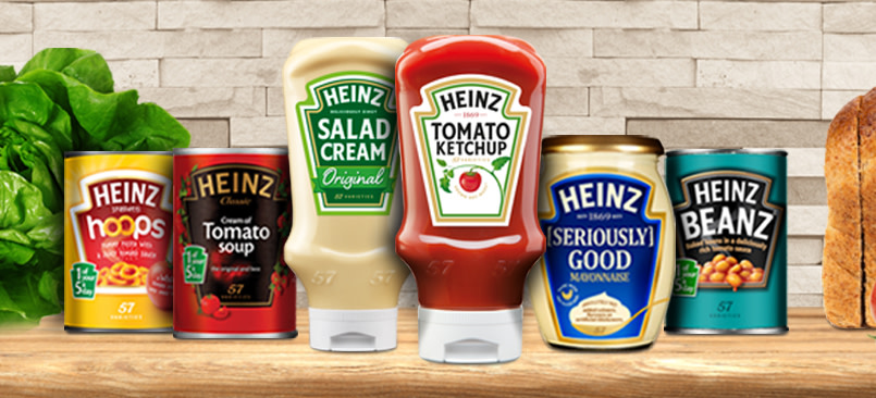 A lineup of Heinz products including tomato soup, salad cream, and beans.