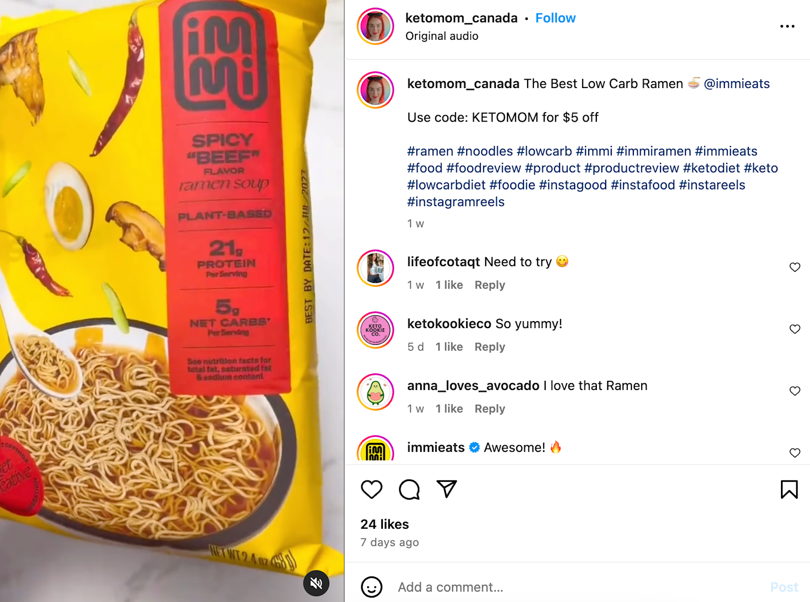 Instagram Reel showing a spicy beef ramen in yellow packaging.