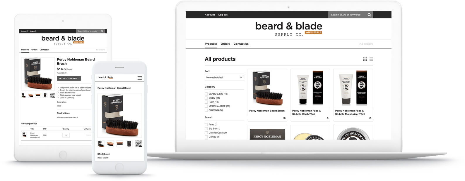 The responsive Beard & Blade online store on Shopify displayed side-by-side on a phone, tablet, and laptop