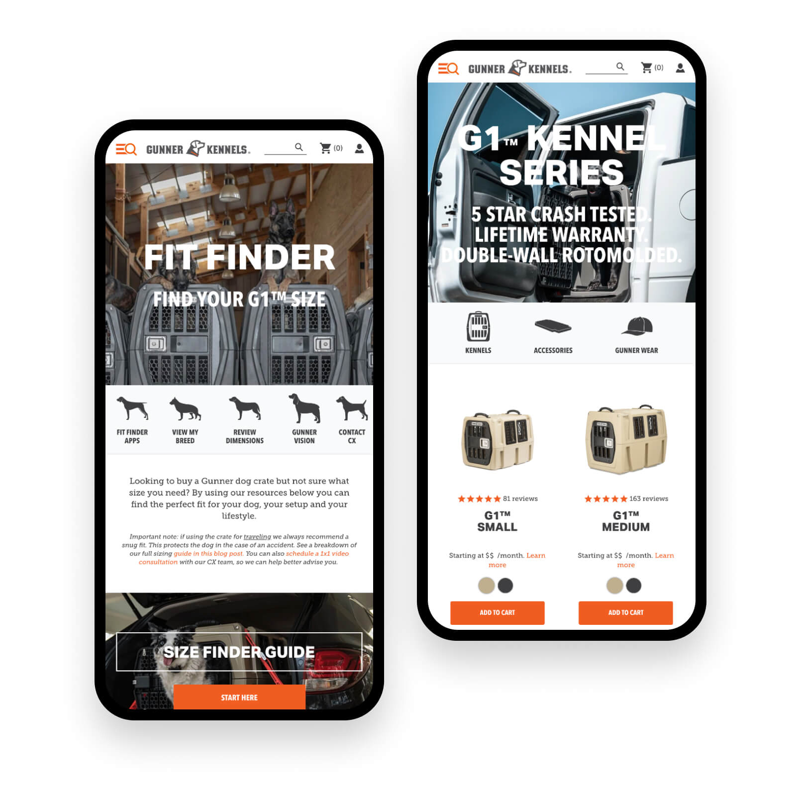 The Gunner Kennels online store displayed on two mobile devices.