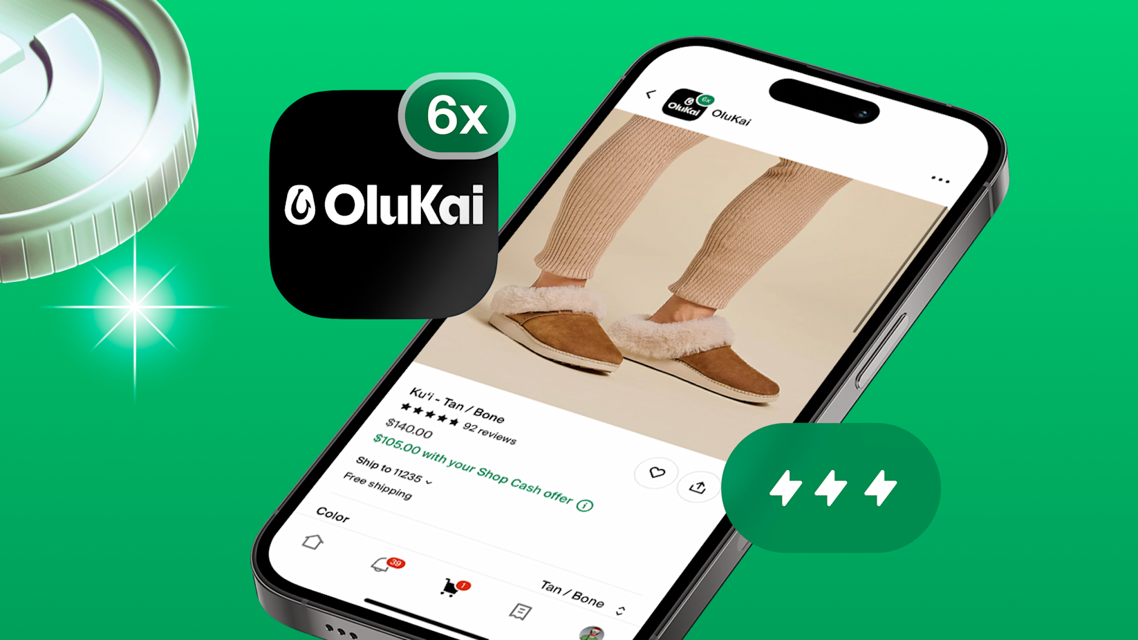 image of Olukai product listing on a mobile device with their shop campaign promotion