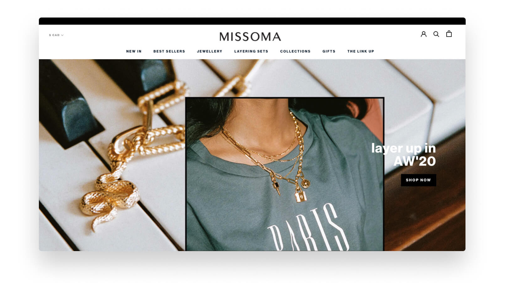 Missoma online store's homepage displayed in desktop view.