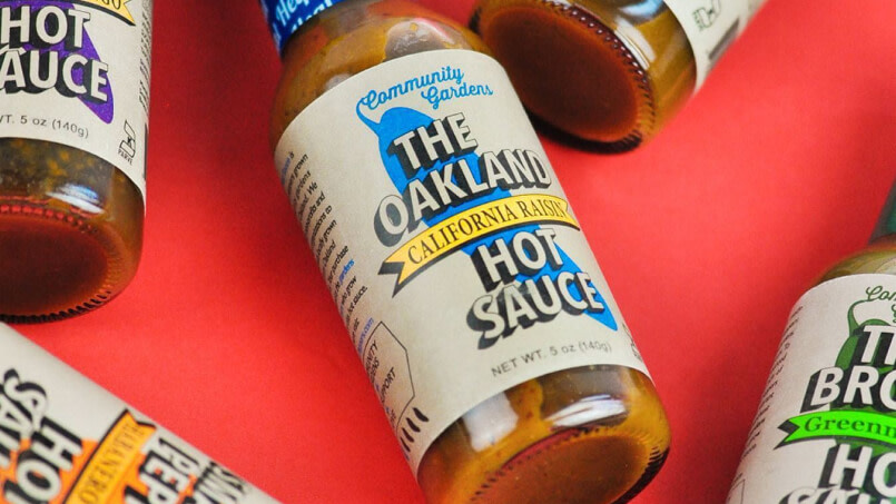 A closeup of "The Oakland" hot sauce.