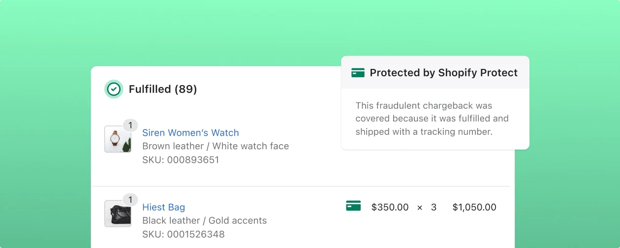 Image of screen showing a fraudulent order was protected by Shopify Protect