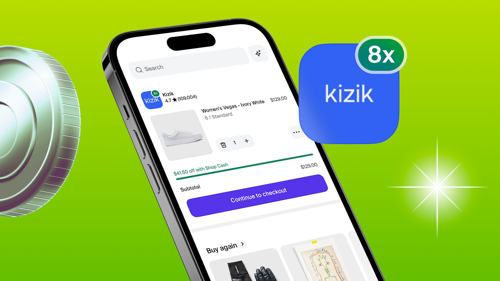 image of Kizik product listing on a mobile device with their shop campaign promotion