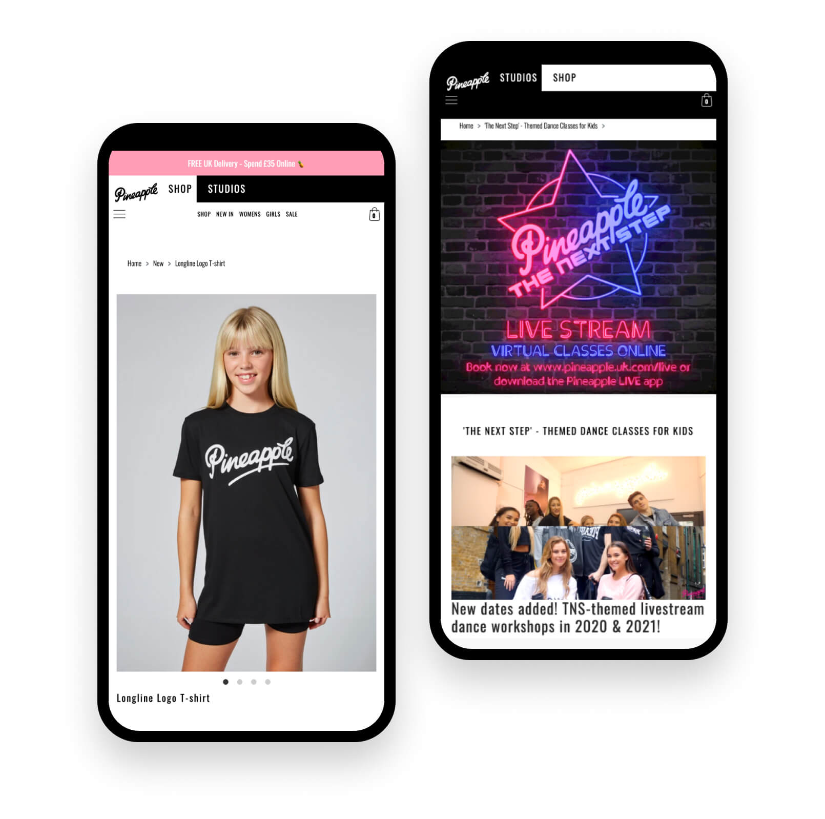 Pineapple Dance Studios' website displayed on two mobile phones.