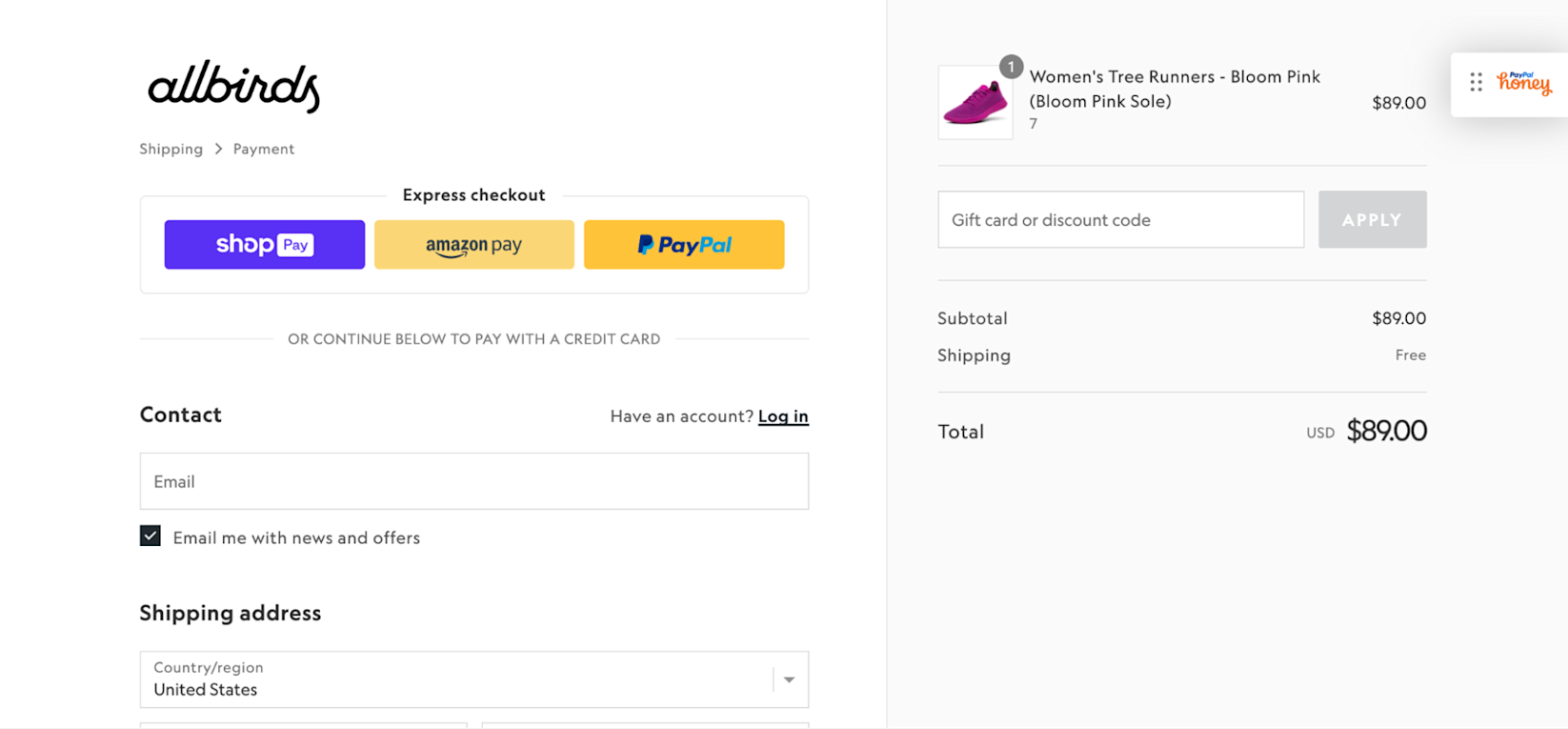 Allbirds checkout page showing express checkout options, order total, and shipping amount.