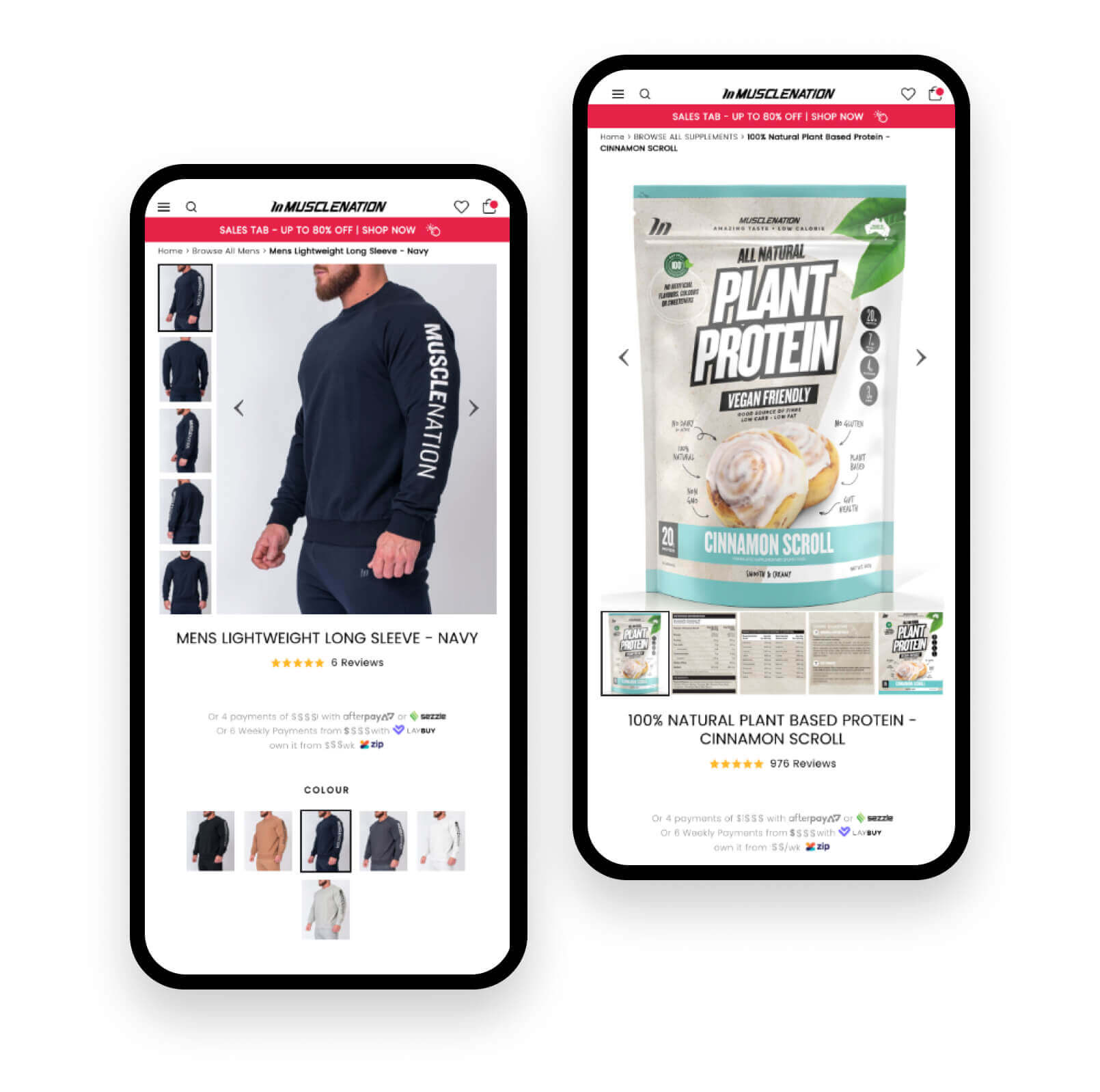 Mobile view of Muscle Nation's online store, displaying a couple of products.