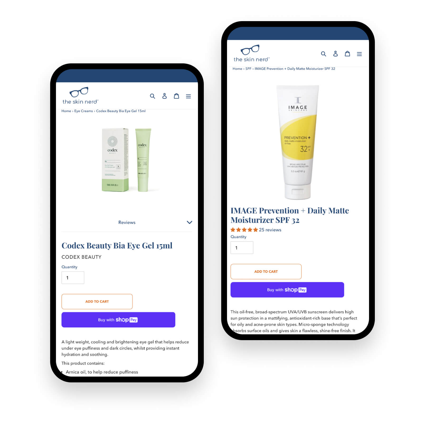 Two mobile devices displaying different product pages on The Skin Nerd's ecommerce site.