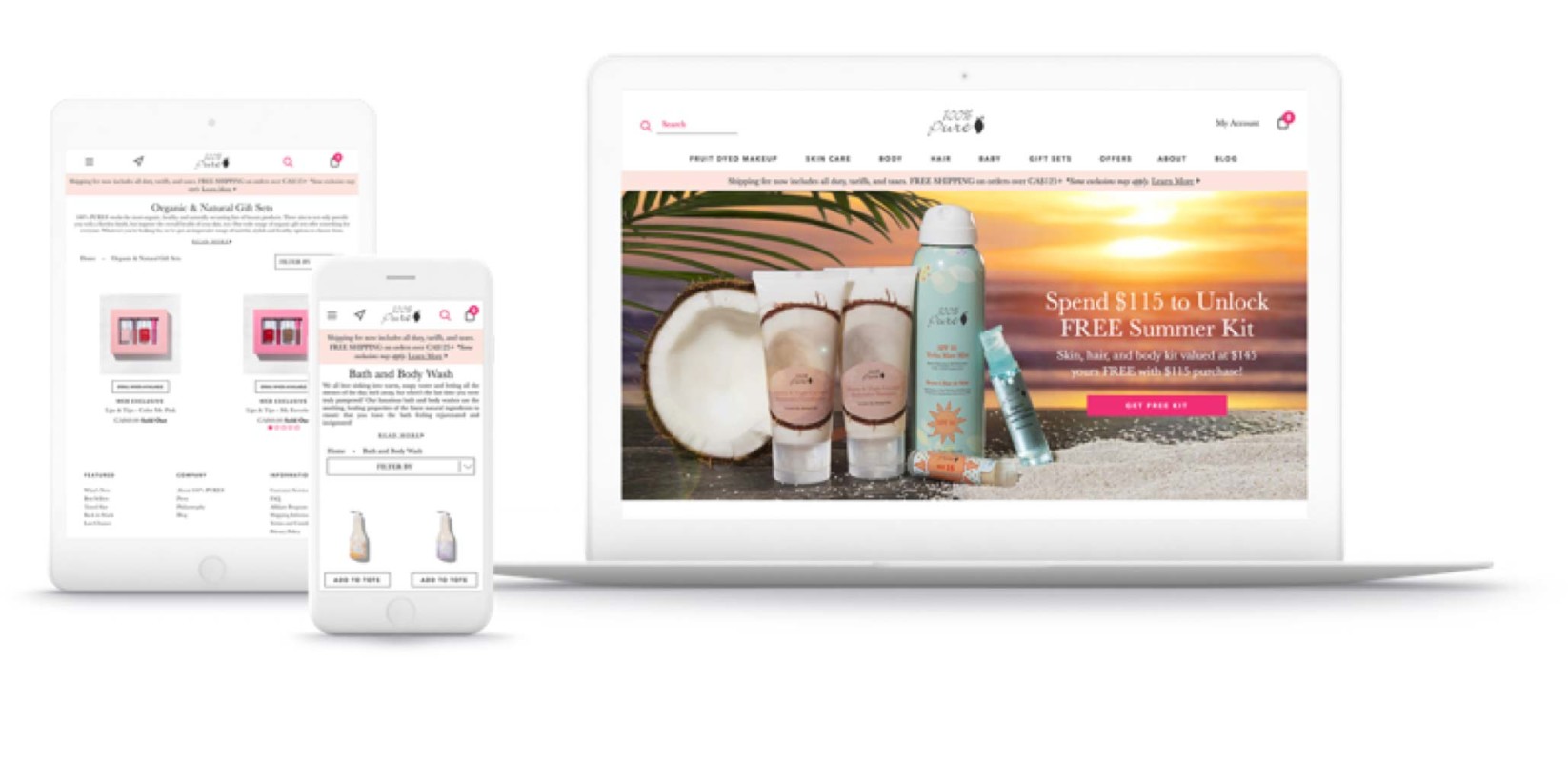 100% Pure's responsive online store on Shopify Plus is showcased across multiple devices.
