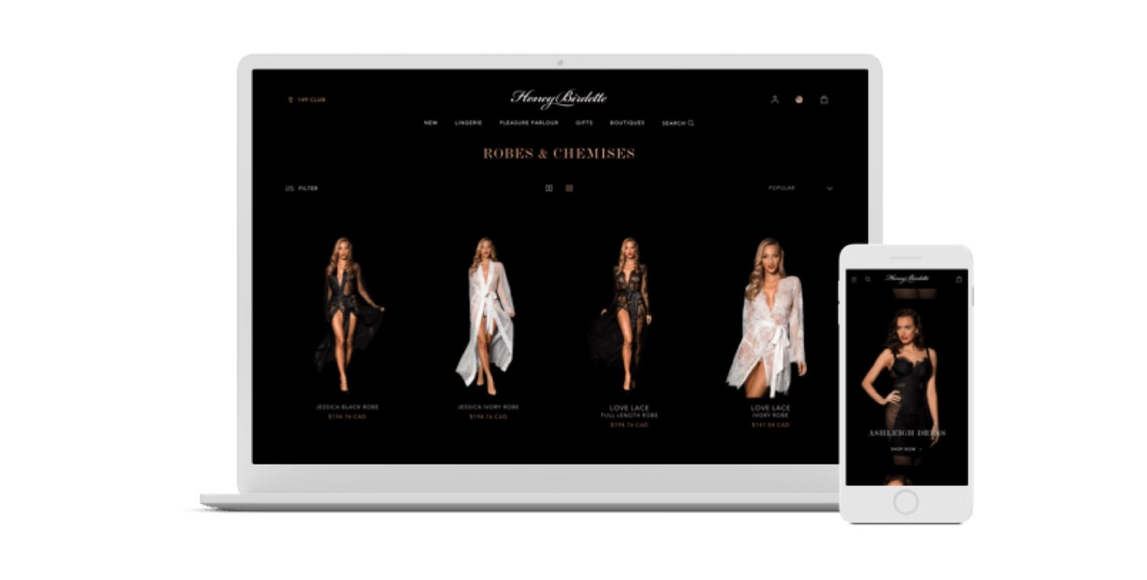 Honey Birdette’s responsive, online store displayed on a computer screen and a mobile phone.