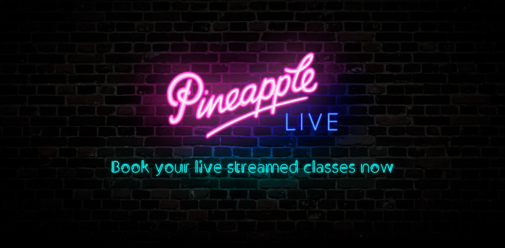 A neon lit sign that says "Pineapple LIVE, Book your live streamed classes now" on a brick background.