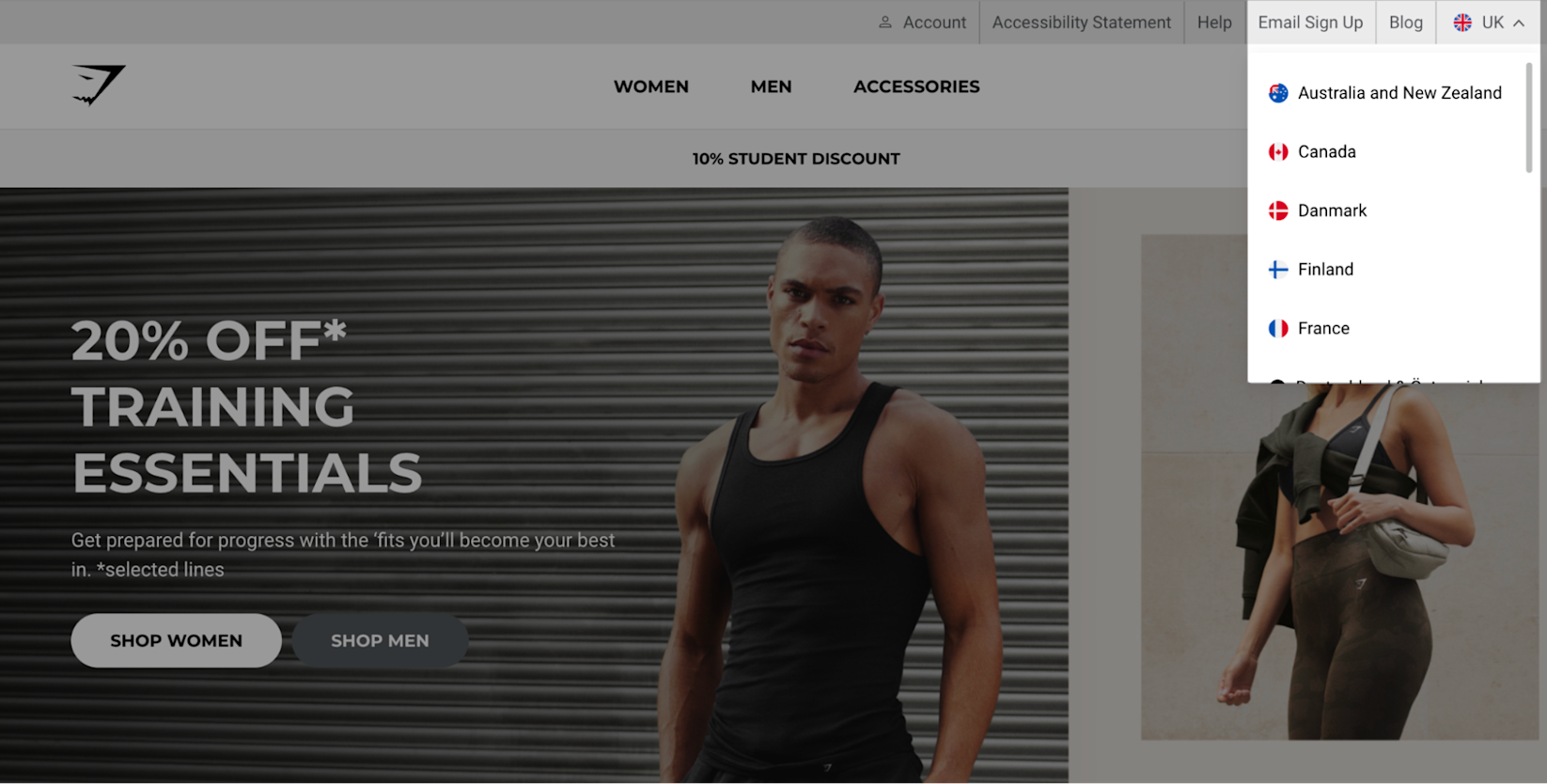 Gymshark website featuring dropdown country selector option