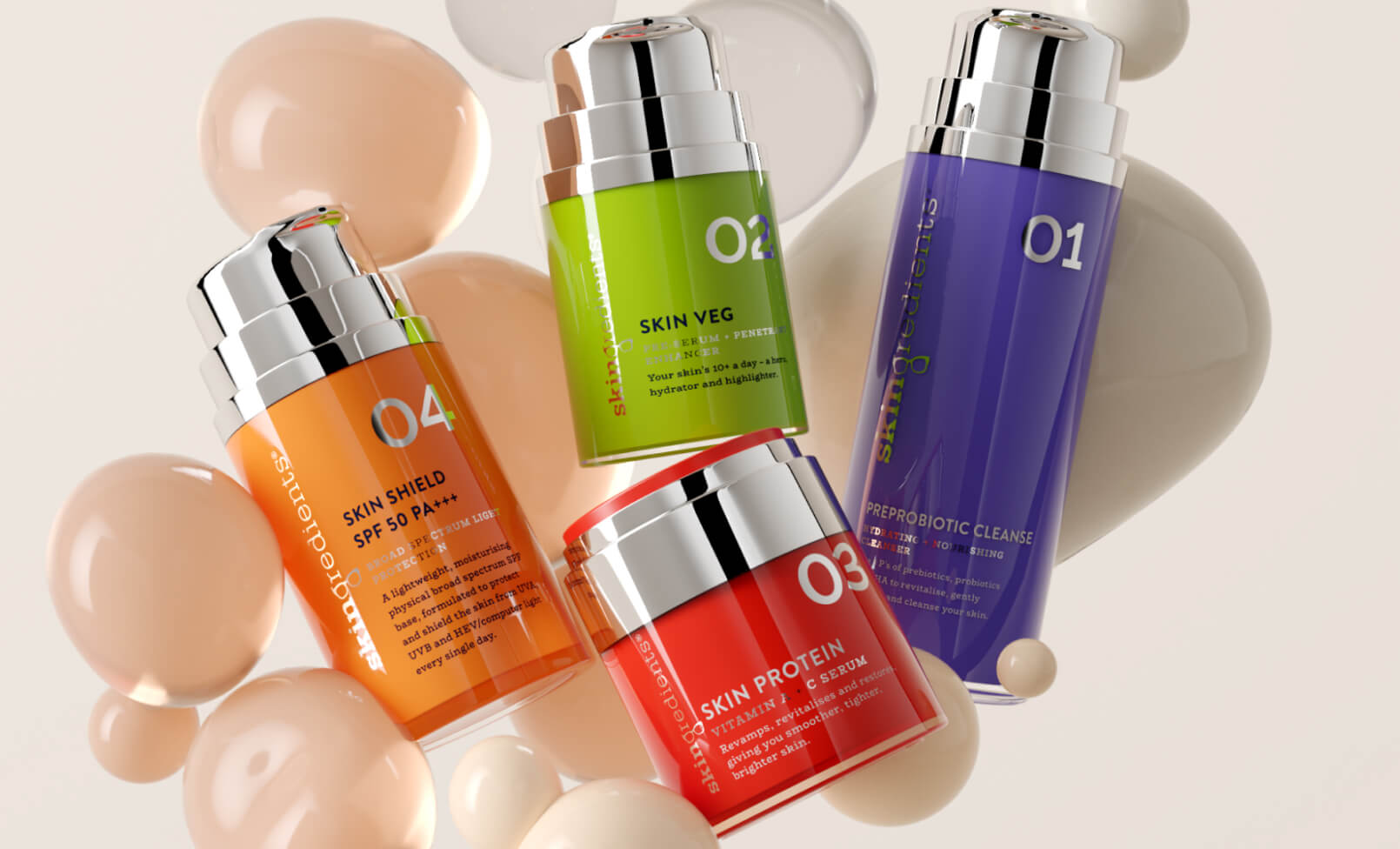 Four vibrantly coloured Skin Nerd products, each numbered from one through four indication the order to use them.