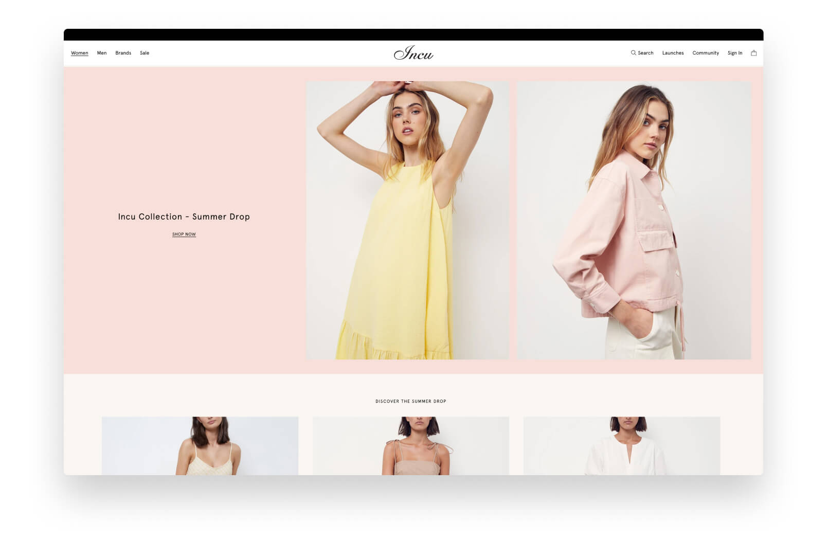 A screenshot of the desktop view of Incu's digital store, showing the homepage with a model dressed in pastel coloured clothes.