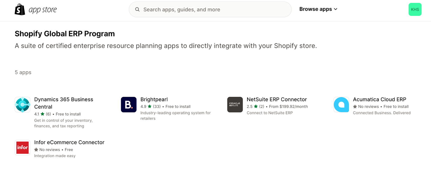 Screenshot of Shopify App Store’s ERP apps