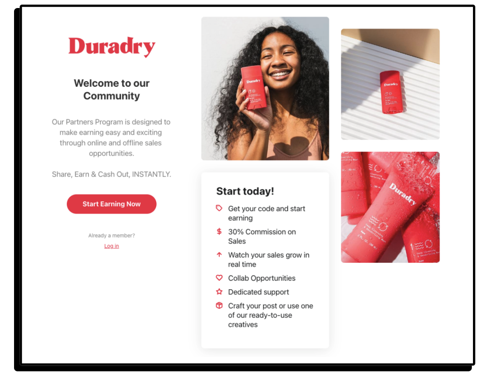 Pink themed sign-up page that offers affiliates 30% commission on sales.