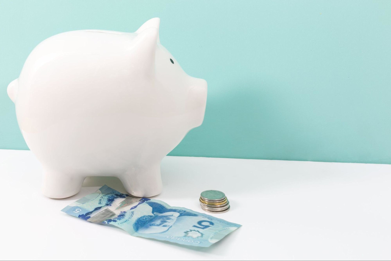 A small ceramic pig stands on a white surface next to a Canadian five dollar note and a stack of coins.