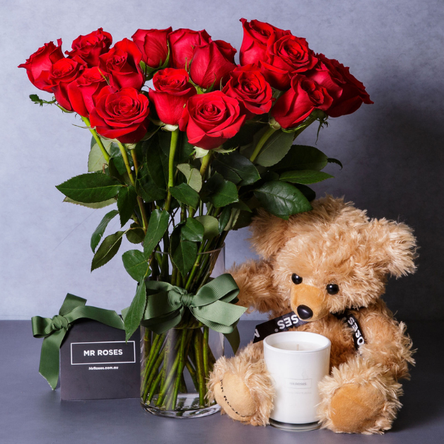 Mr Roses flowers and bear toy