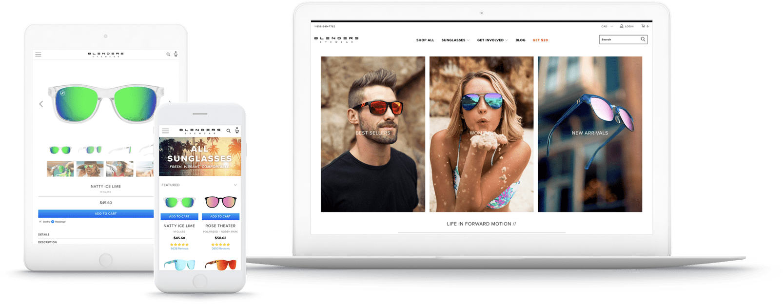 The Blenders Eyewear site is shown off on a laptop, tablet, and mobile phone.