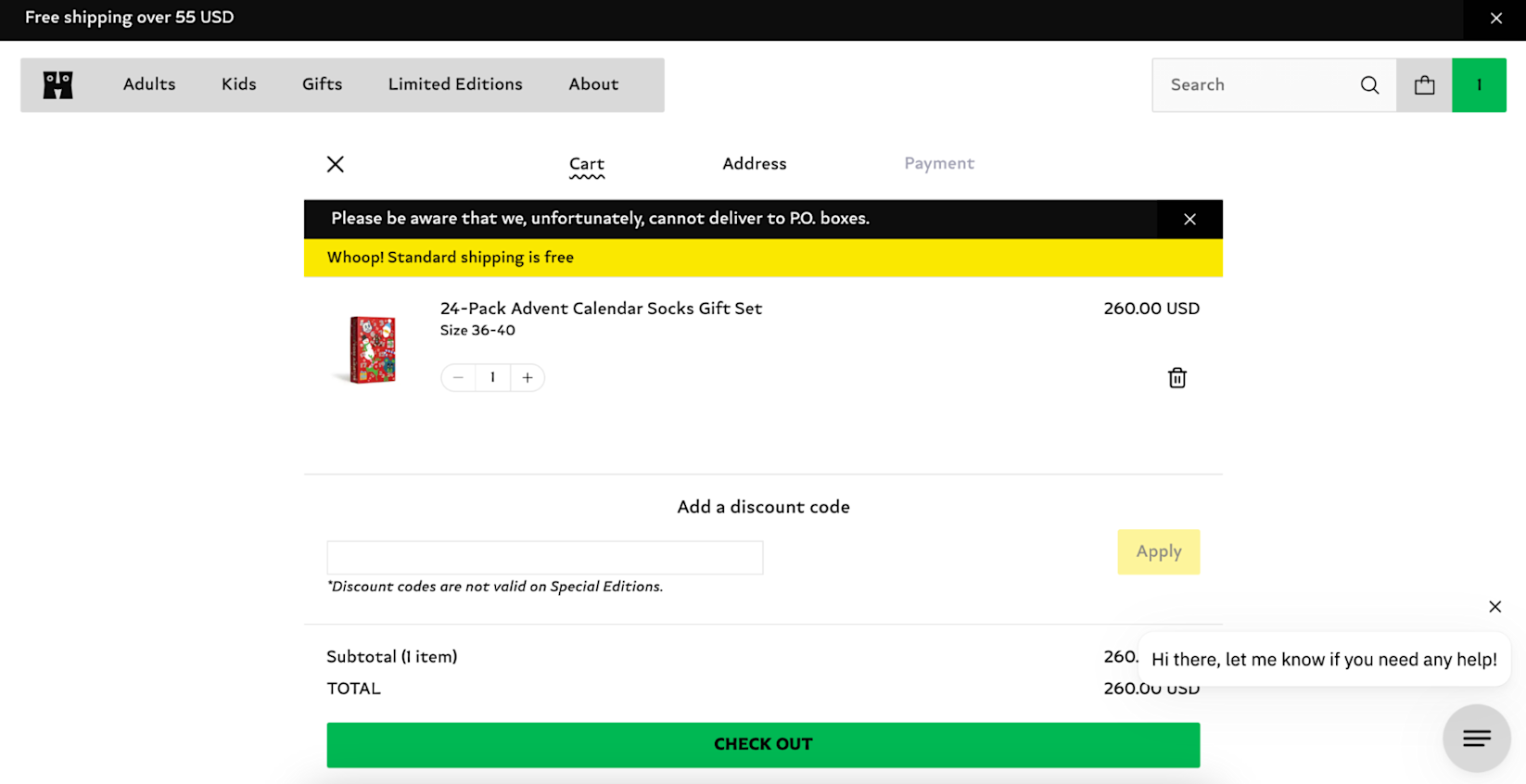 Happy Socks checkout page with tab steps for cart, address, and payment