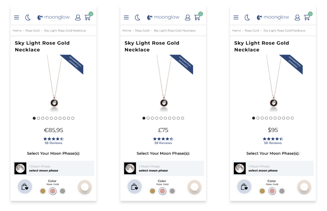 Three images of the same product page showing three prices in different currencies.