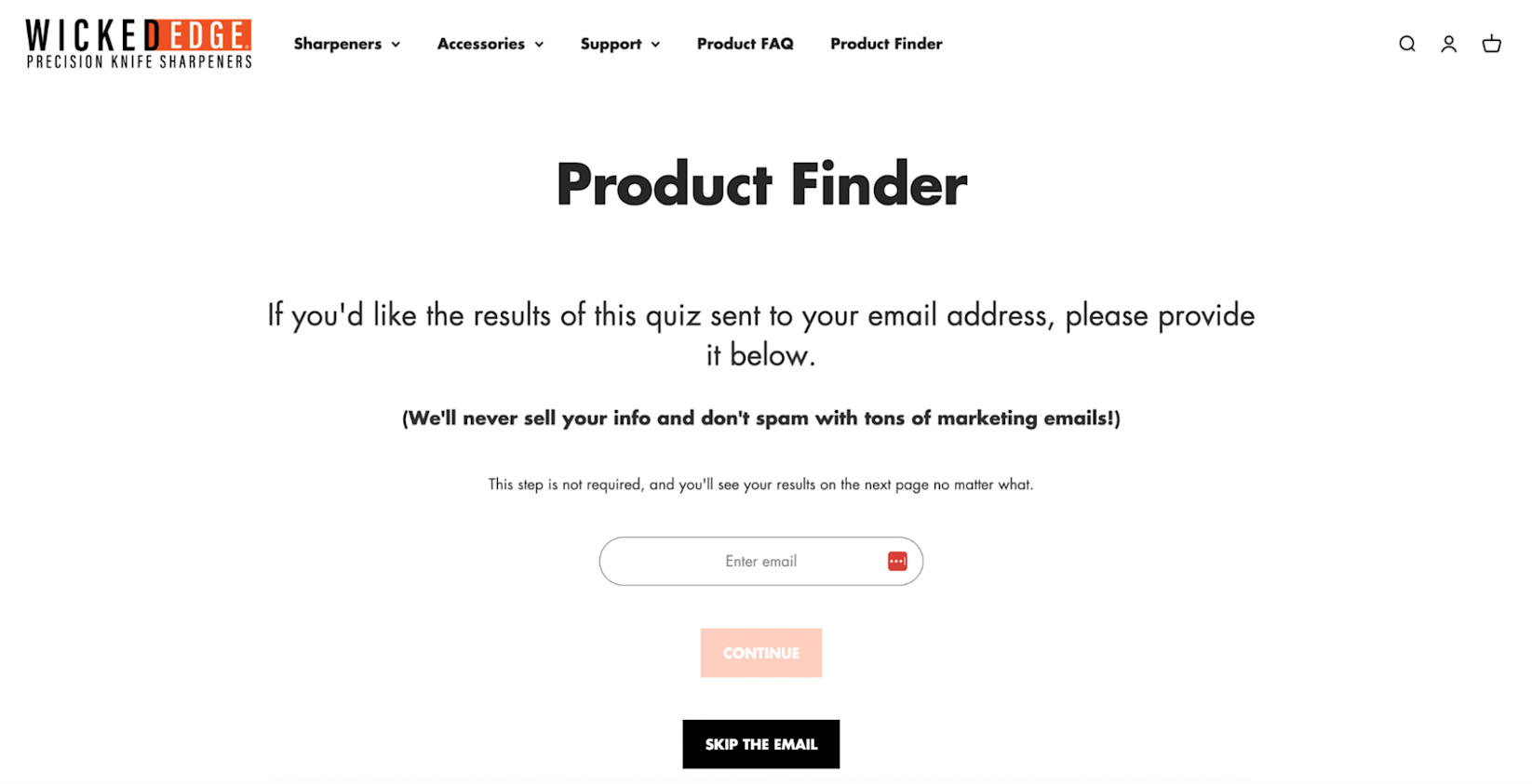 Product finder quiz with an email opt in and transparent data disclosure.