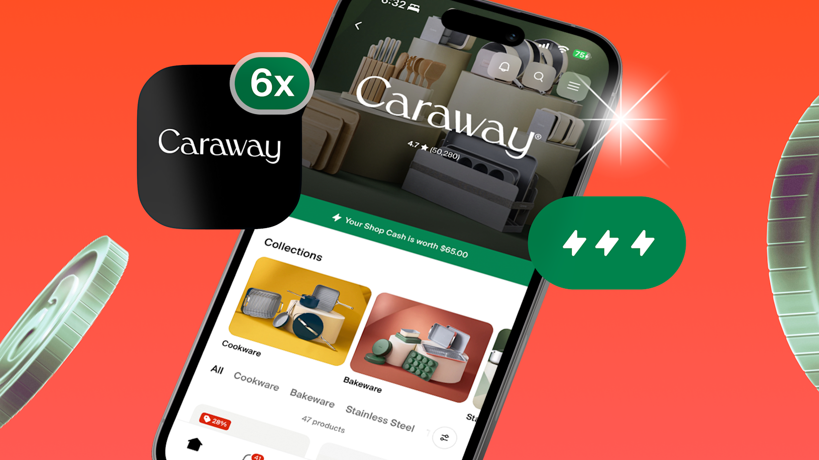 image of caraway product listing on a mobile device with their shop campaign promotion