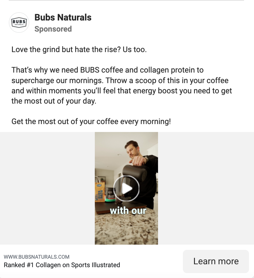 Facebook ad with a video of a man making coffee with copy explaining their low energy mornings.