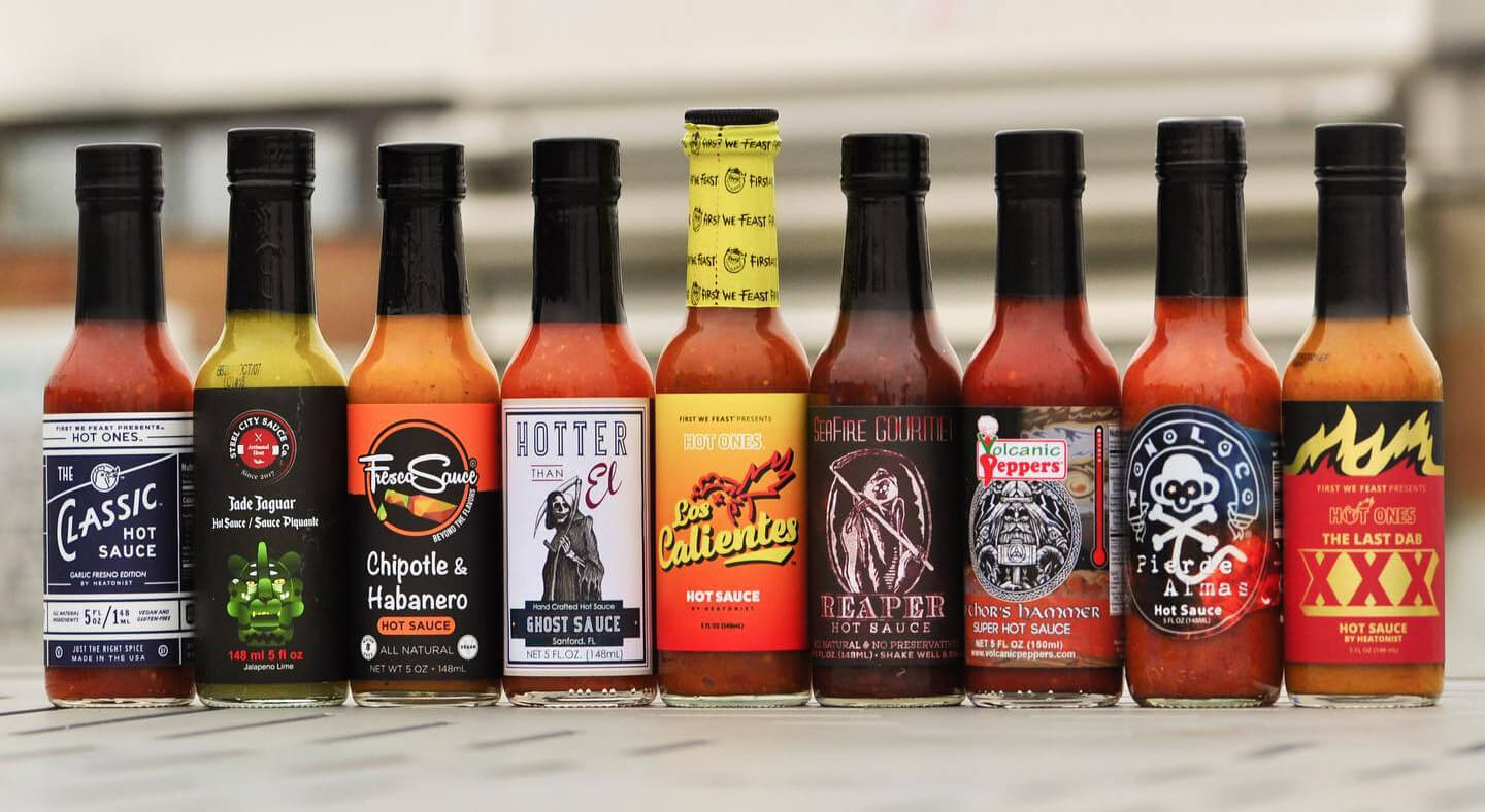 A lineup of Heatonist hot sauces.