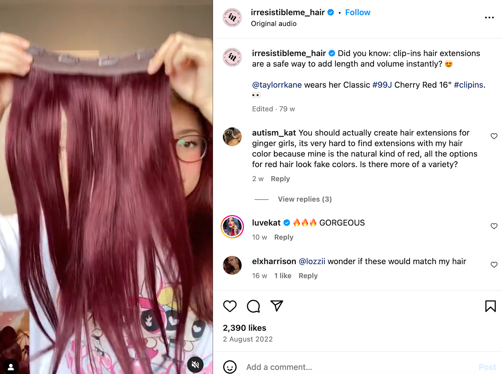Video of a girl wearing glasses and showing purple colored hair extensions.