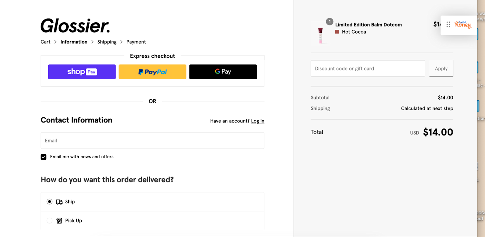 Glossier checkout page featuring delivery options and discount code field along with subtotal