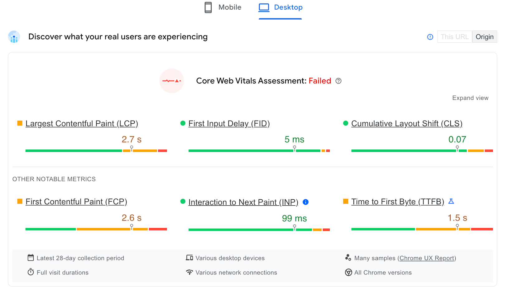 PageSpeed Insight report for an ecommerce website that failed a core web vitals assessment.