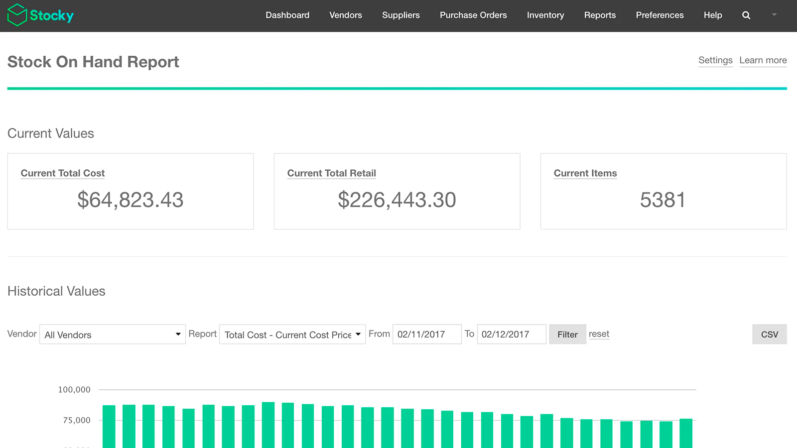 Stocky report comparing the amount and value of current and historical Stock On Hand.