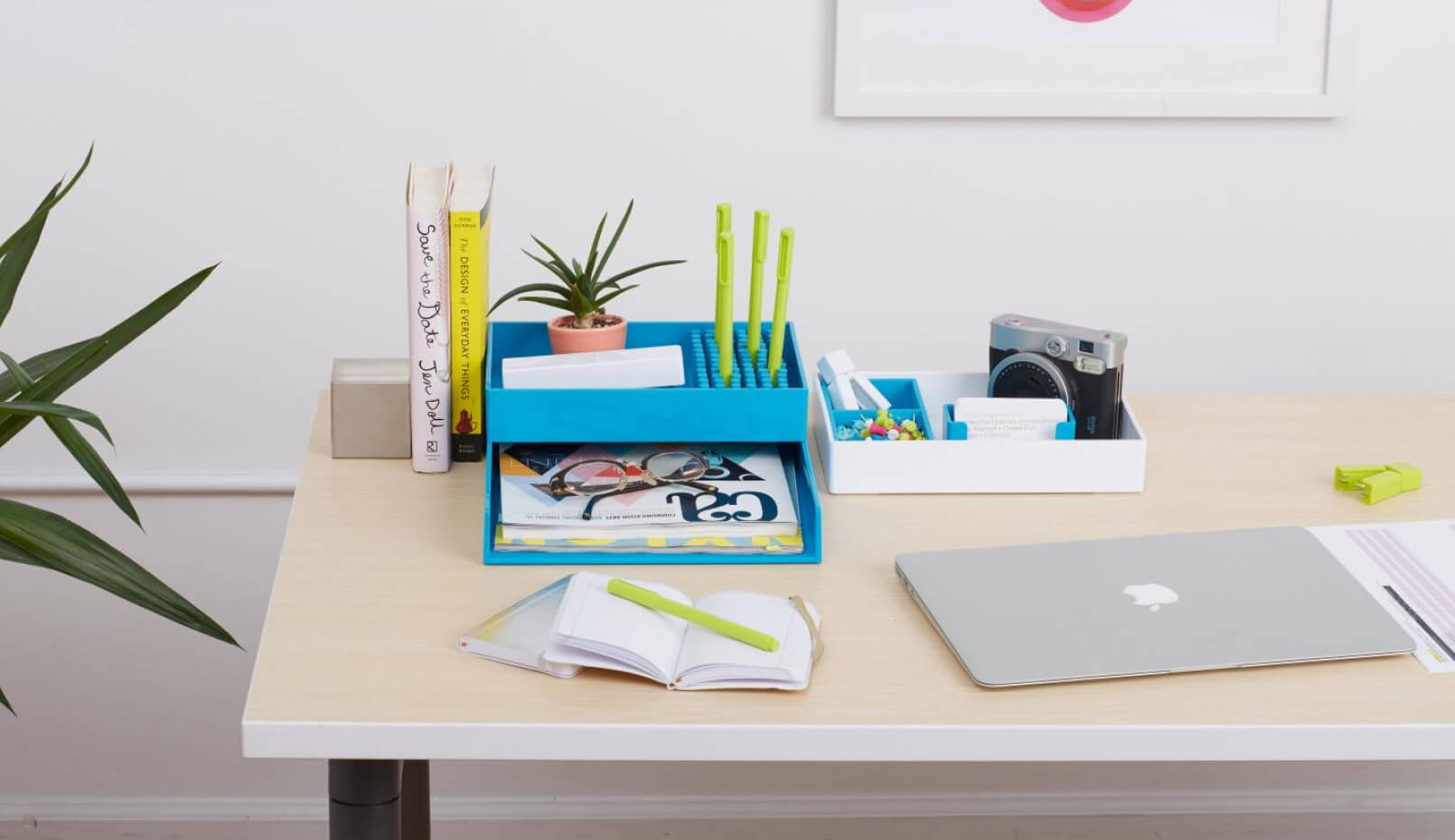 A clean desk with accessories from Staples.