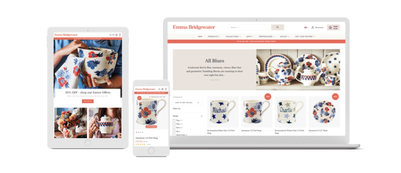 The Emma Bridgewater website, featuring colourful ceramic dishes and mugs, is displayed side-by-side on a tablet, smartphone, and laptop.
