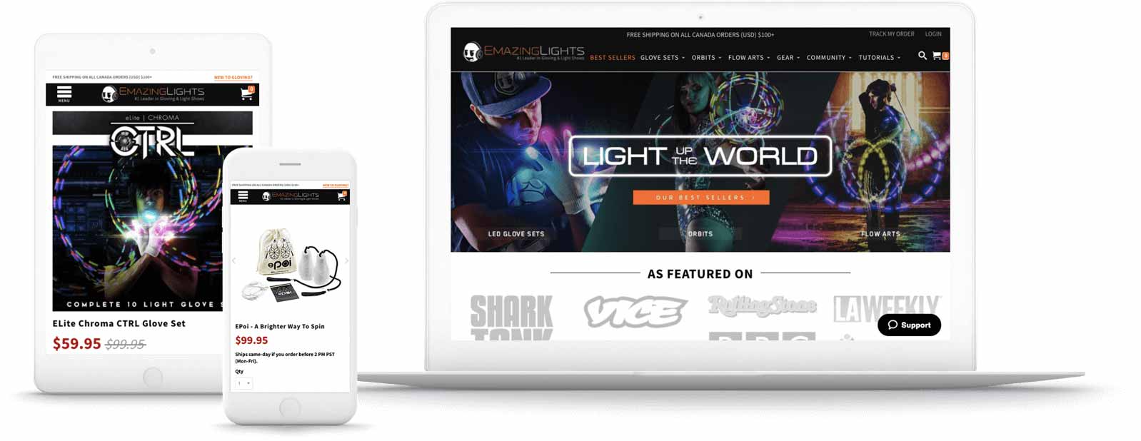 EmazingLights’ responsive online Shopify Plus store is showcased across multiple devices.