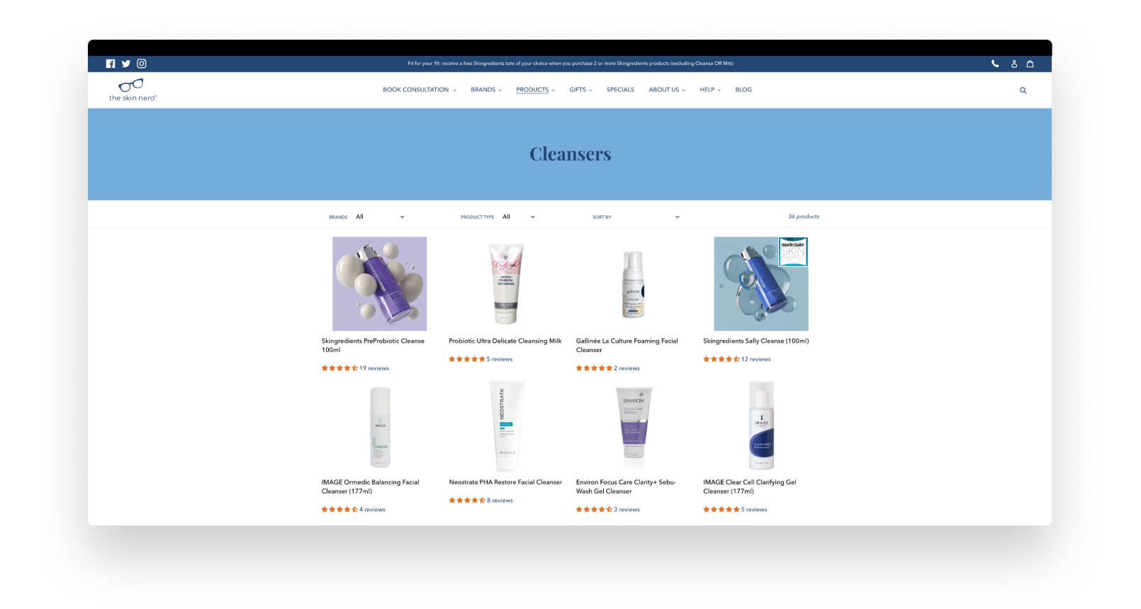 A screenshot of the desktop view of The Skin Nerd's digital store, showing a product category page displaying an assortment of different cleansers.