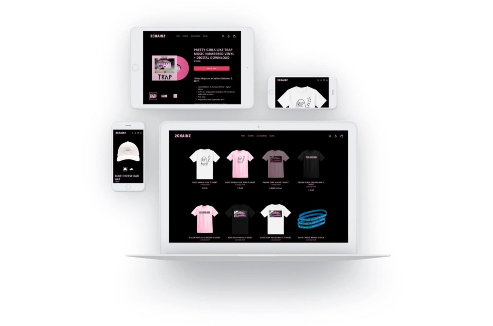 The 2 Chainz Shopify Plus store is shown off on various devices.