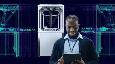 Man using a tablet and standing in front of manufacturing equipment along with two Digital Twins versions